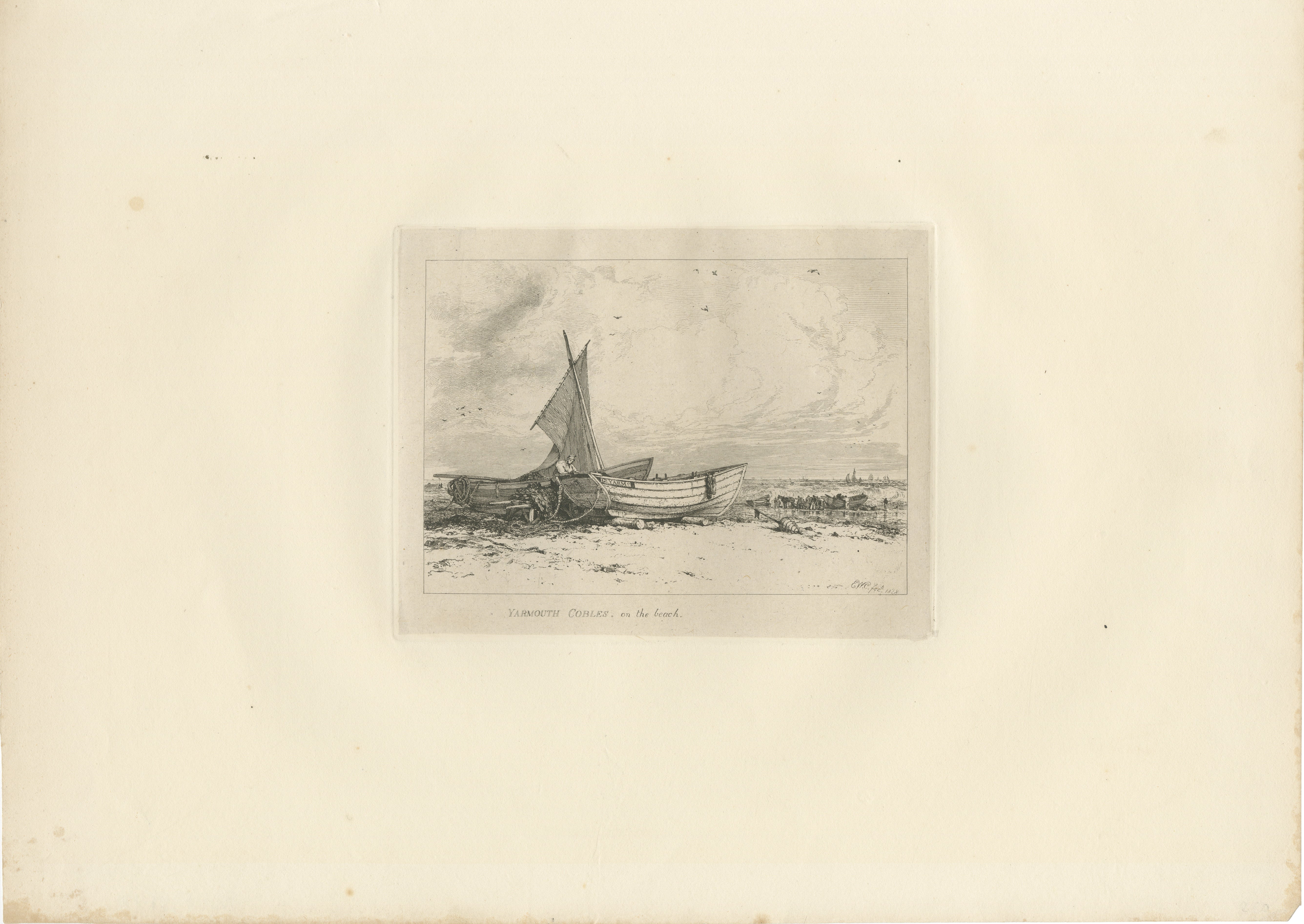 Grabado marítimo de barcos pesqueros antiguos de Great Yarmouth, obra de E.W. Cooke, 1828