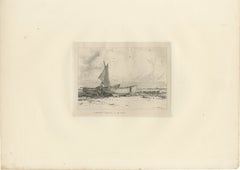 Grabado marítimo de barcos pesqueros antiguos de Great Yarmouth, obra de E.W. Cooke, 1828