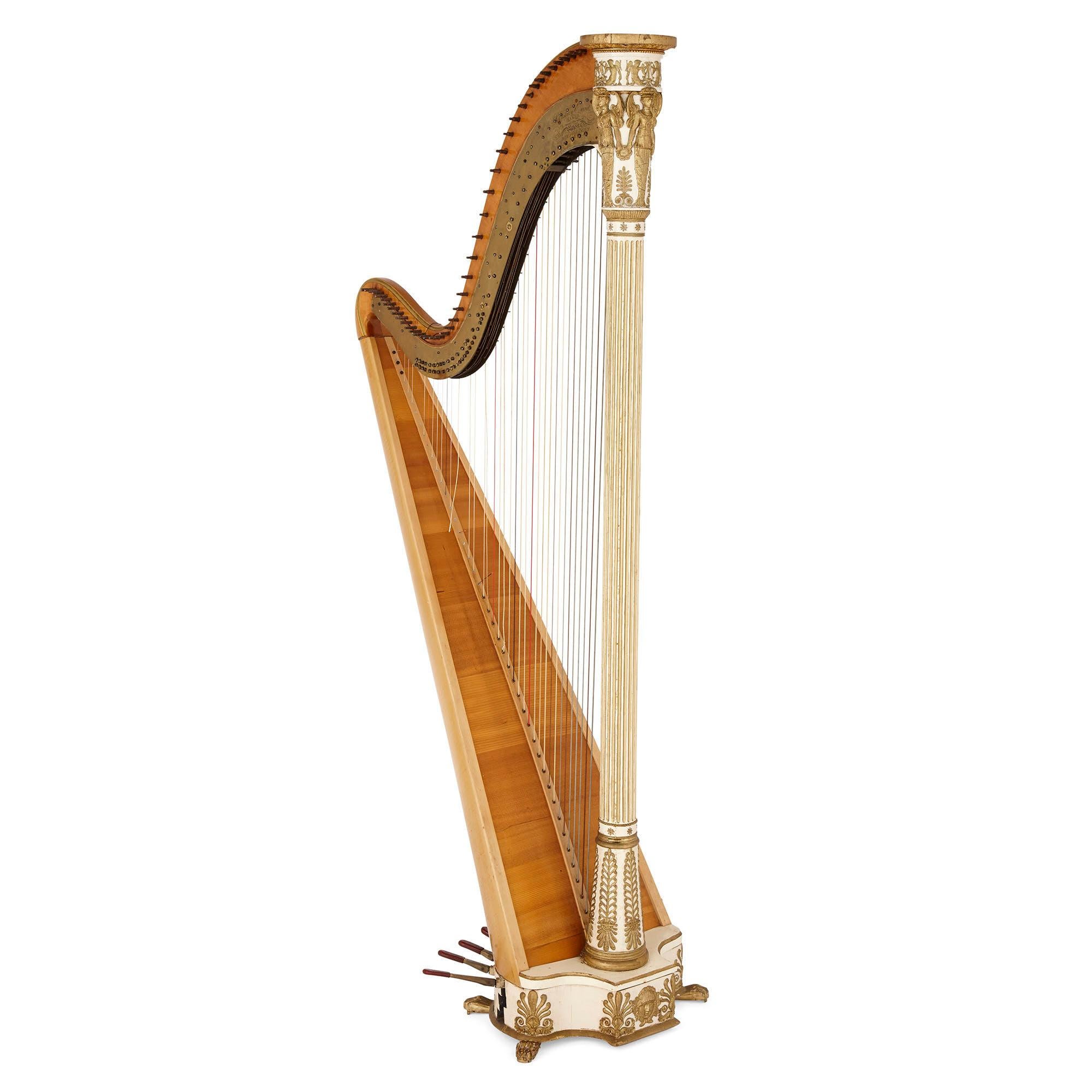 This impressive harp by the French maker Érard is stylistically ‘Grecian’, its decorative motifs being drawn largely from Greco-Roman precedents. The Classical influences can be seen in its gilt fluted column, the moulded palmettes present