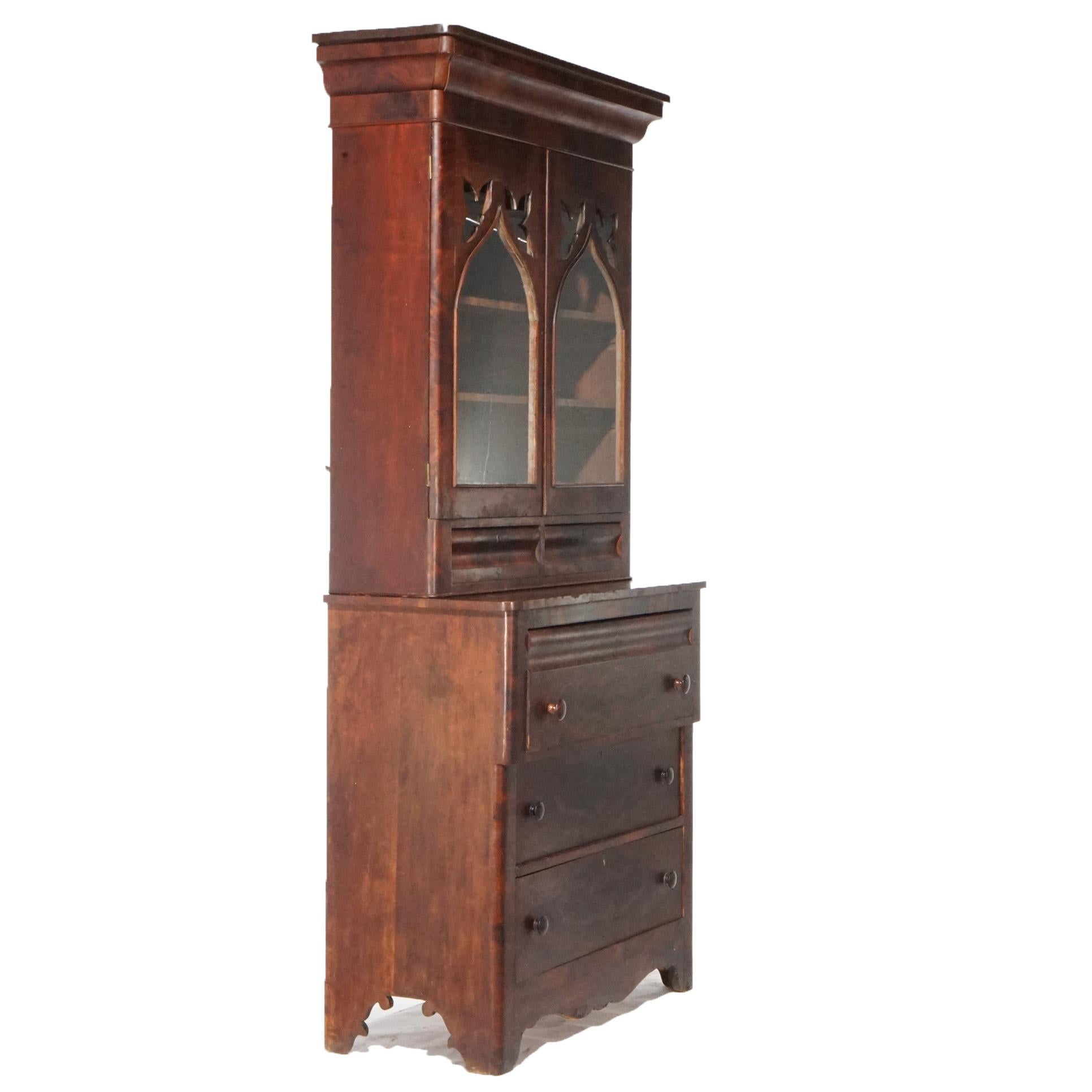 Antique Greco America Empire Flame Mahogany Quervelle School Secretary 19th C In Good Condition For Sale In Big Flats, NY