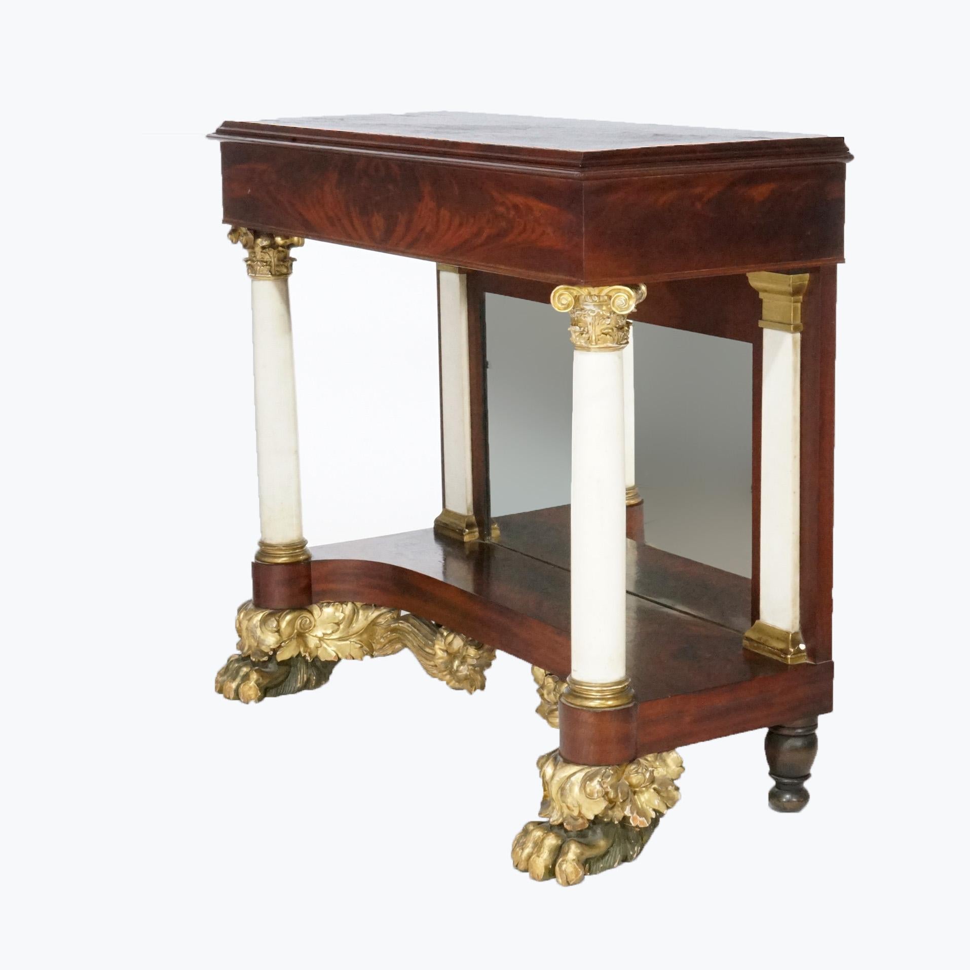 Neoclassical Antique Greco American Empire Flame Mahogany, Marble & Gilt Pier Table, C1830