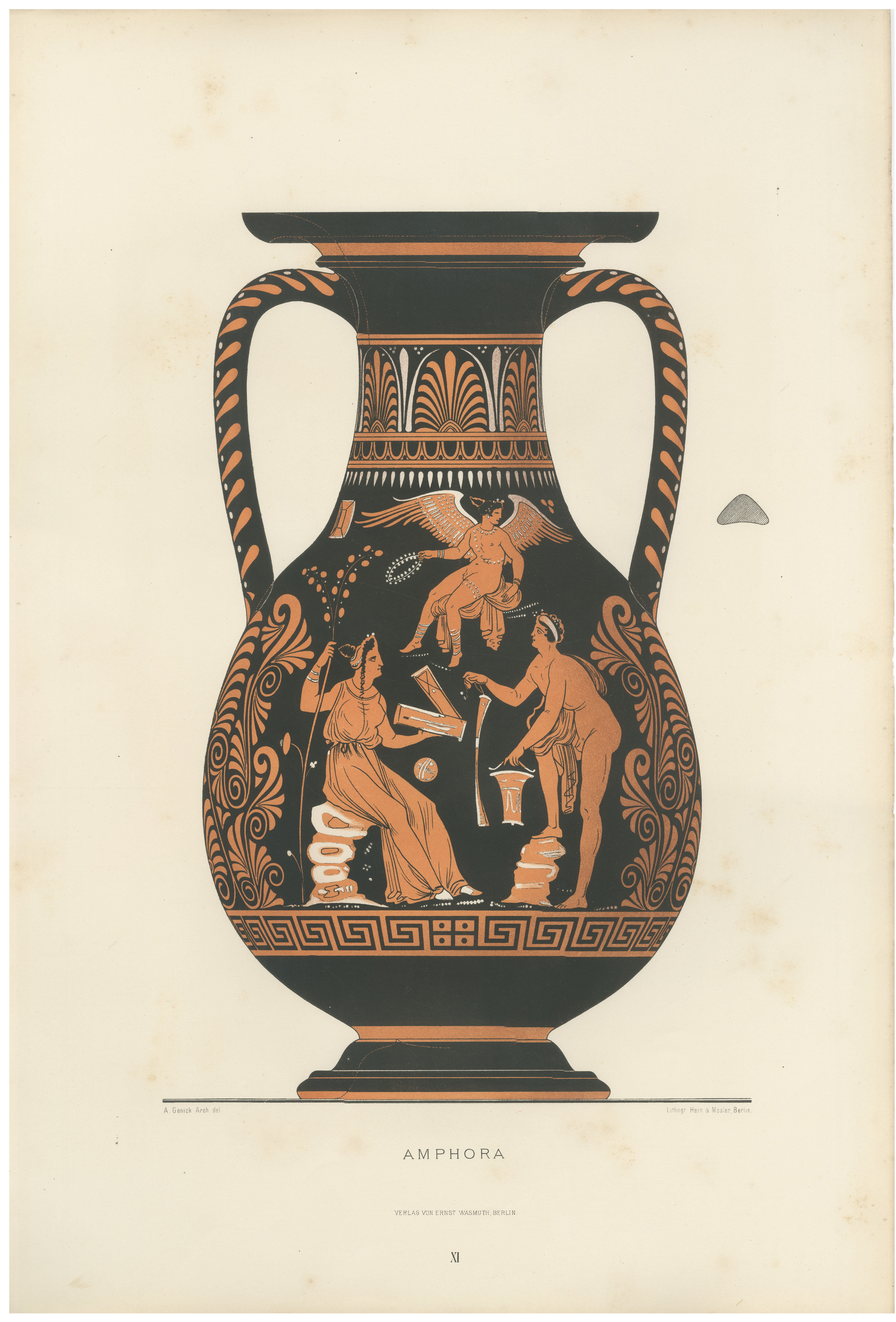 Antique Greek Amphora with Winged Figure Color Lithograph, 1883