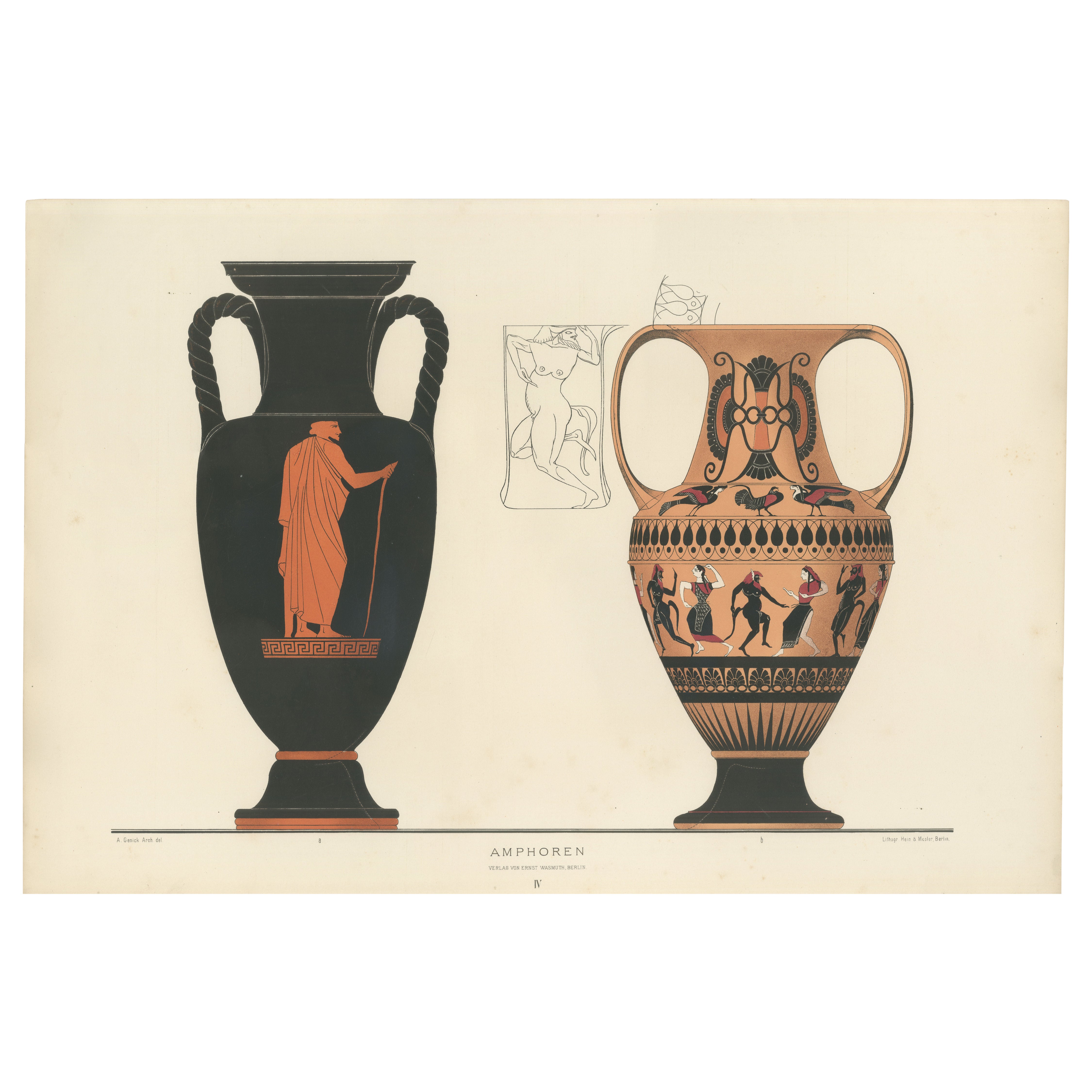Antique Greek Amphorae Classical Pottery Color Lithograph, 1883