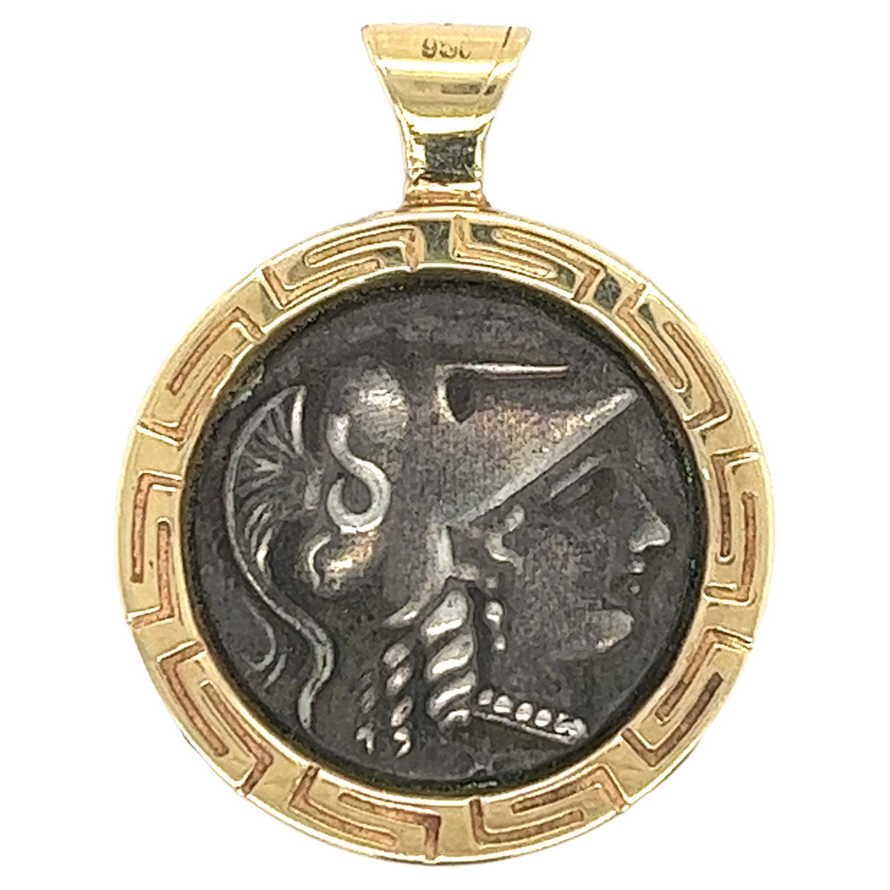 Antique Greek Athena Coin Pendant in 14k Gold Bezel For Sale