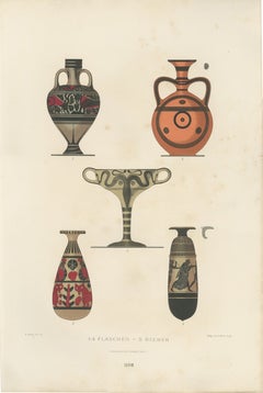 Antique Greek Bottles & Drinking Cup Color Lithograph, 1883