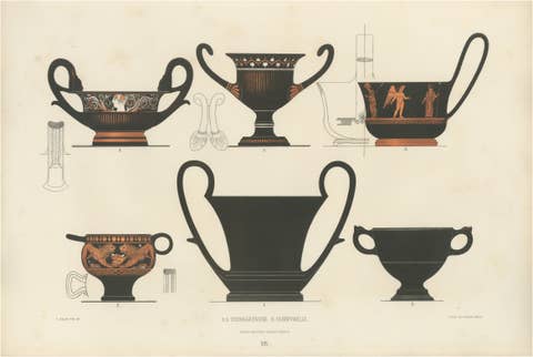 Antique Greek Drinking Vessels & Cups Color Lithograph, 1883