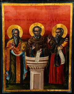 Antique Greek Eastern Orthodox Religious Painted Icon Egg Tempera 3 Saints 1780