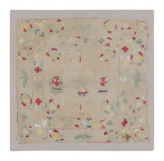 Antique Greek Embroidery Pictorial Square Rug in Soft Pastel Tones - Rug & Kilim