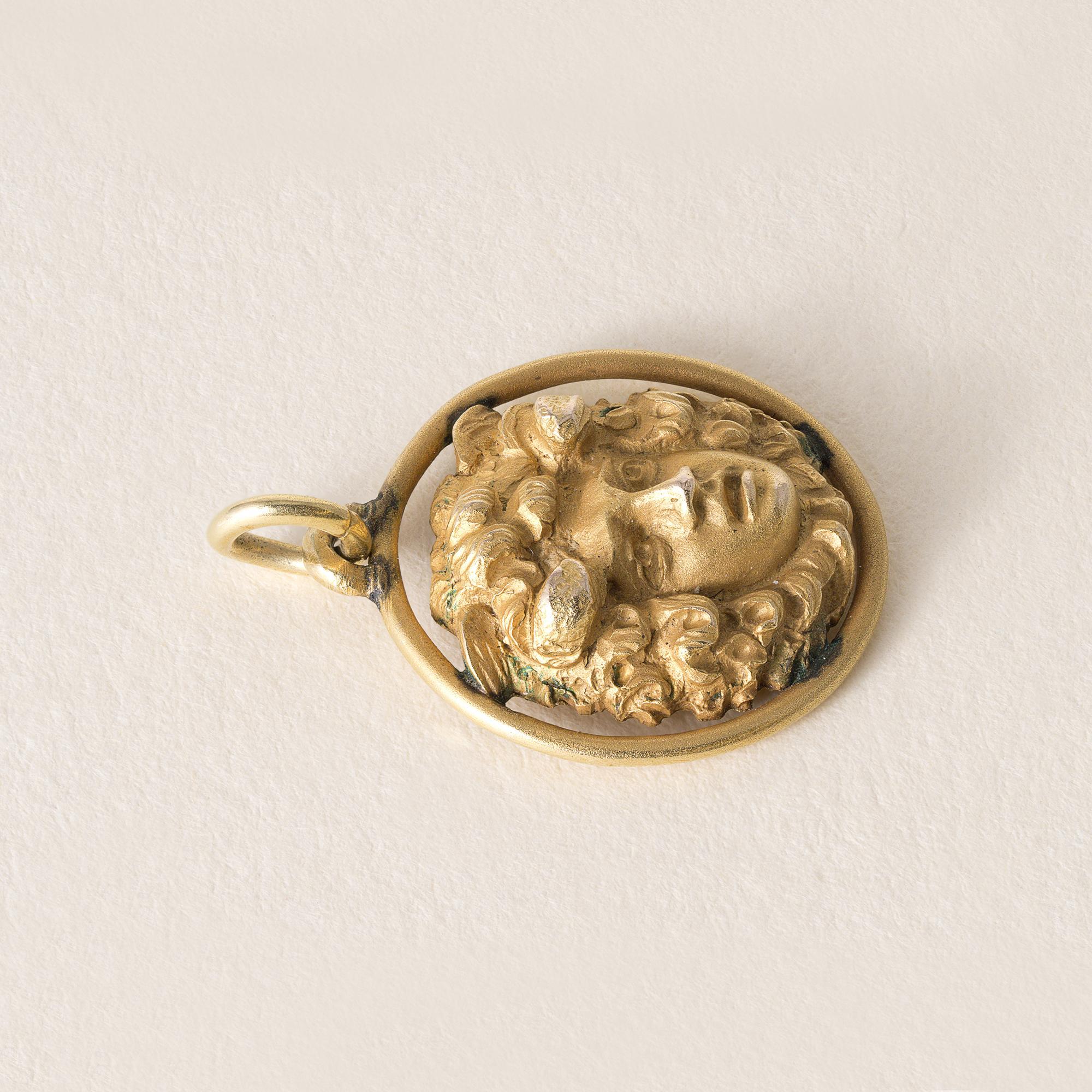 Classical Greek Antique Greek God Face of Bacchus 18K Yellow Gold Pendant Charm For Sale