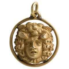 Antique Greek God Face of Bacchus 18K Yellow Gold Pendant Charm