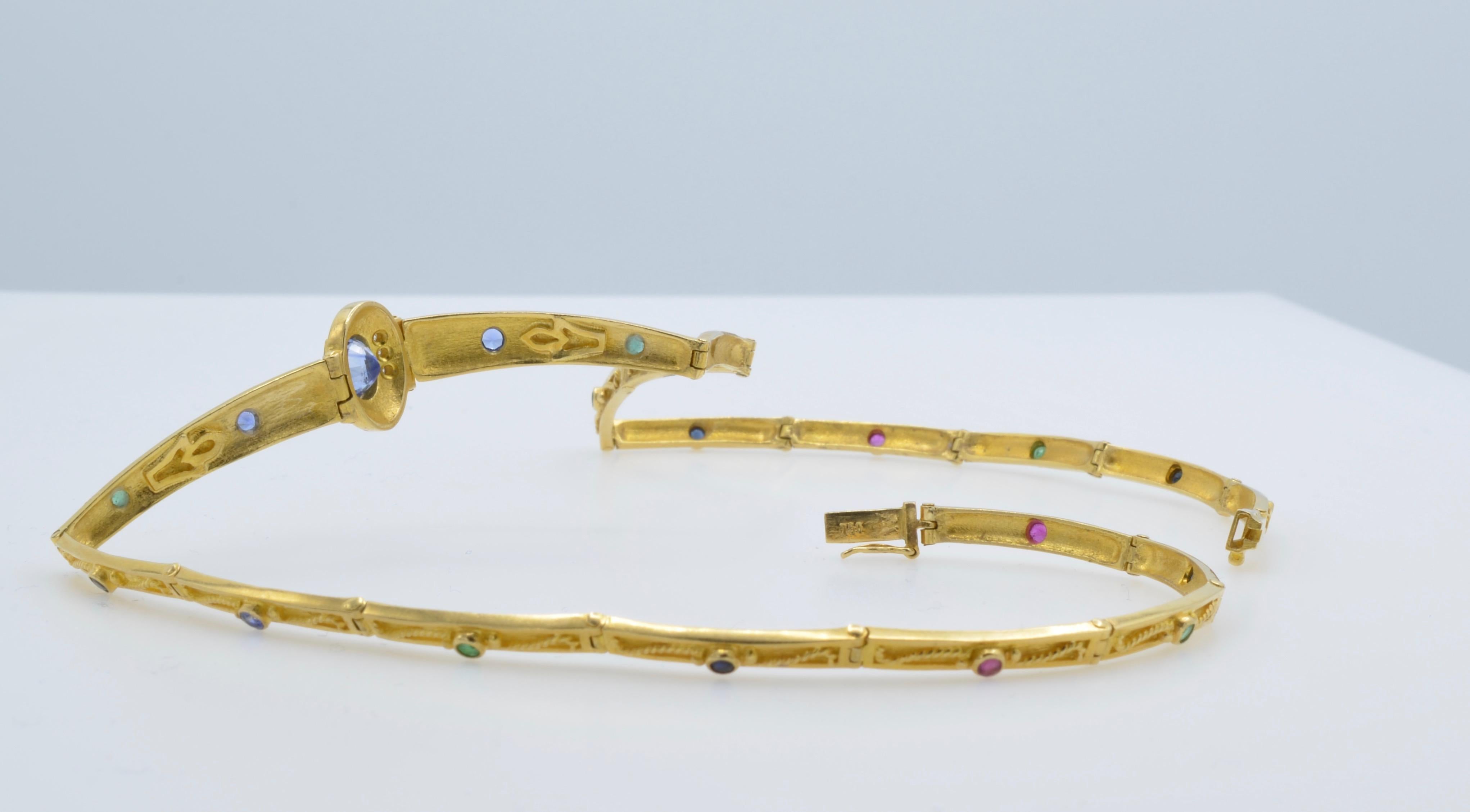 Art Deco Gold Greek Collar 18K and Sapphires Necklace Articulate Links For Sale