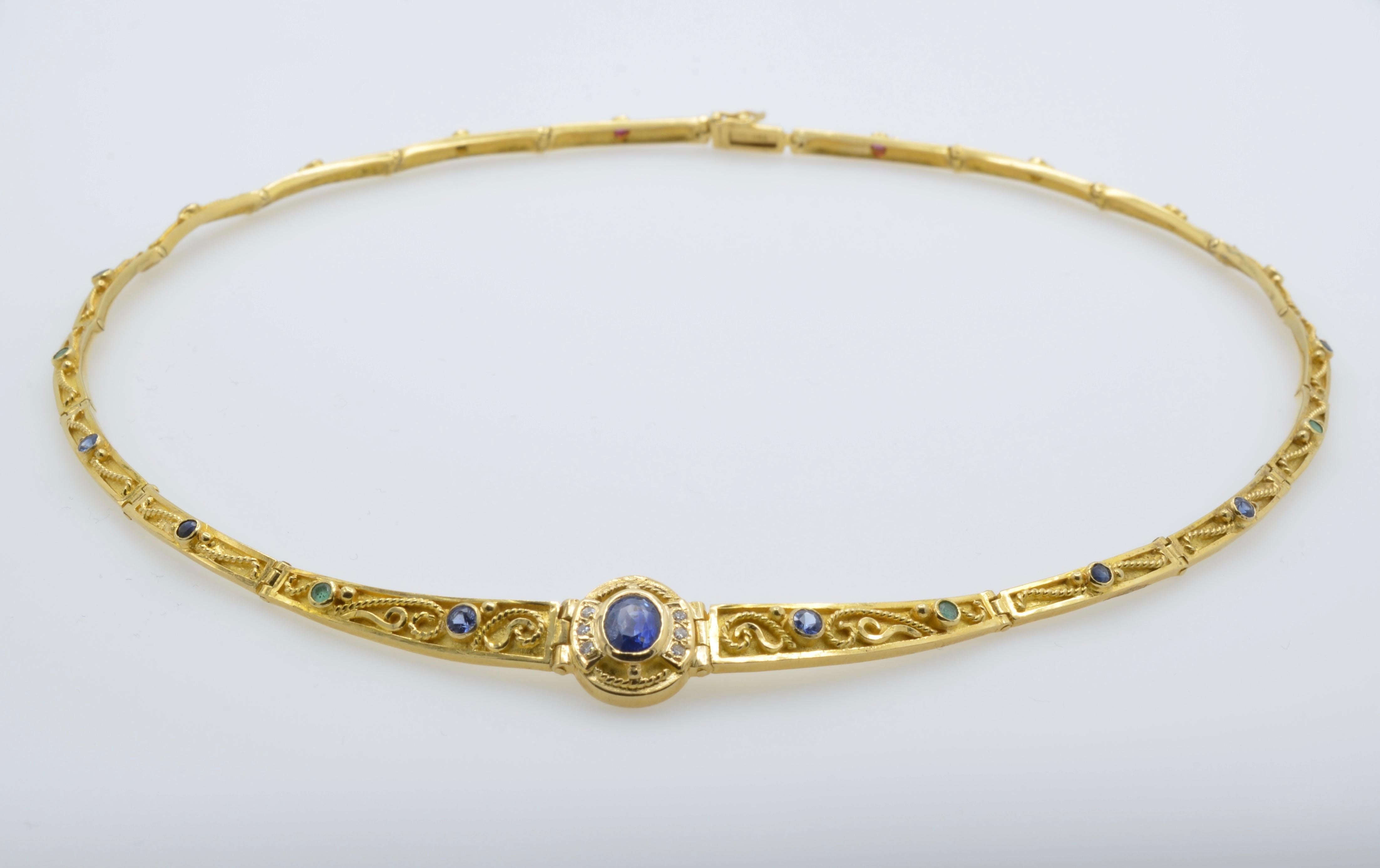 Gold Greek Collar 18K and Sapphires Necklace Articulate Links In Excellent Condition For Sale In Berkeley, CA