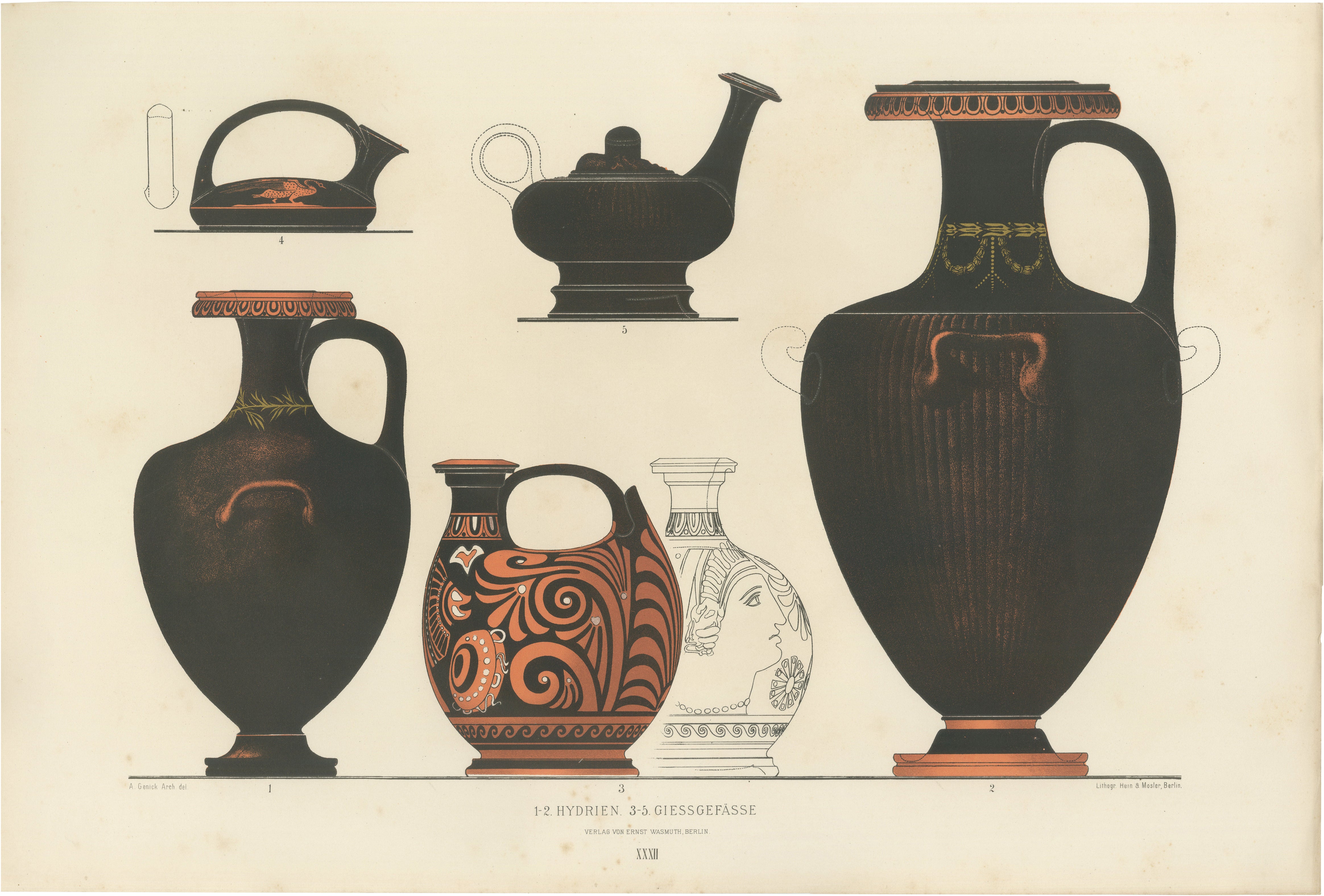 Antique Greek Hydriae & Pouring Vessels Color Lithograph, 1883