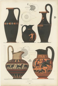 Antique Greek Jugs with Chariot & Animal Scenes Lithograph, 1883