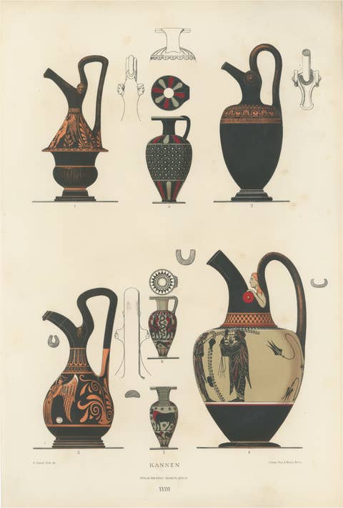 Antique Greek Jugs with Classical & Winged Figures Lithograph, 1883