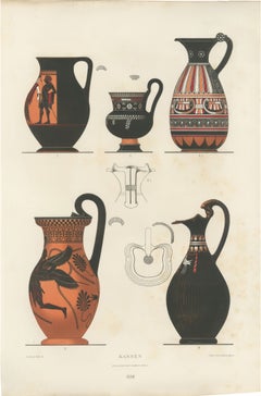 Antique Greek Jugs with Winged Figure Color Lithograph, 1883