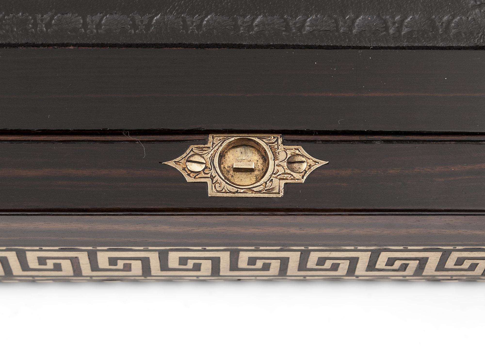 19th Century Antique Greek Key Calamander Brass Writing Box with SECRET compartment. For Sale