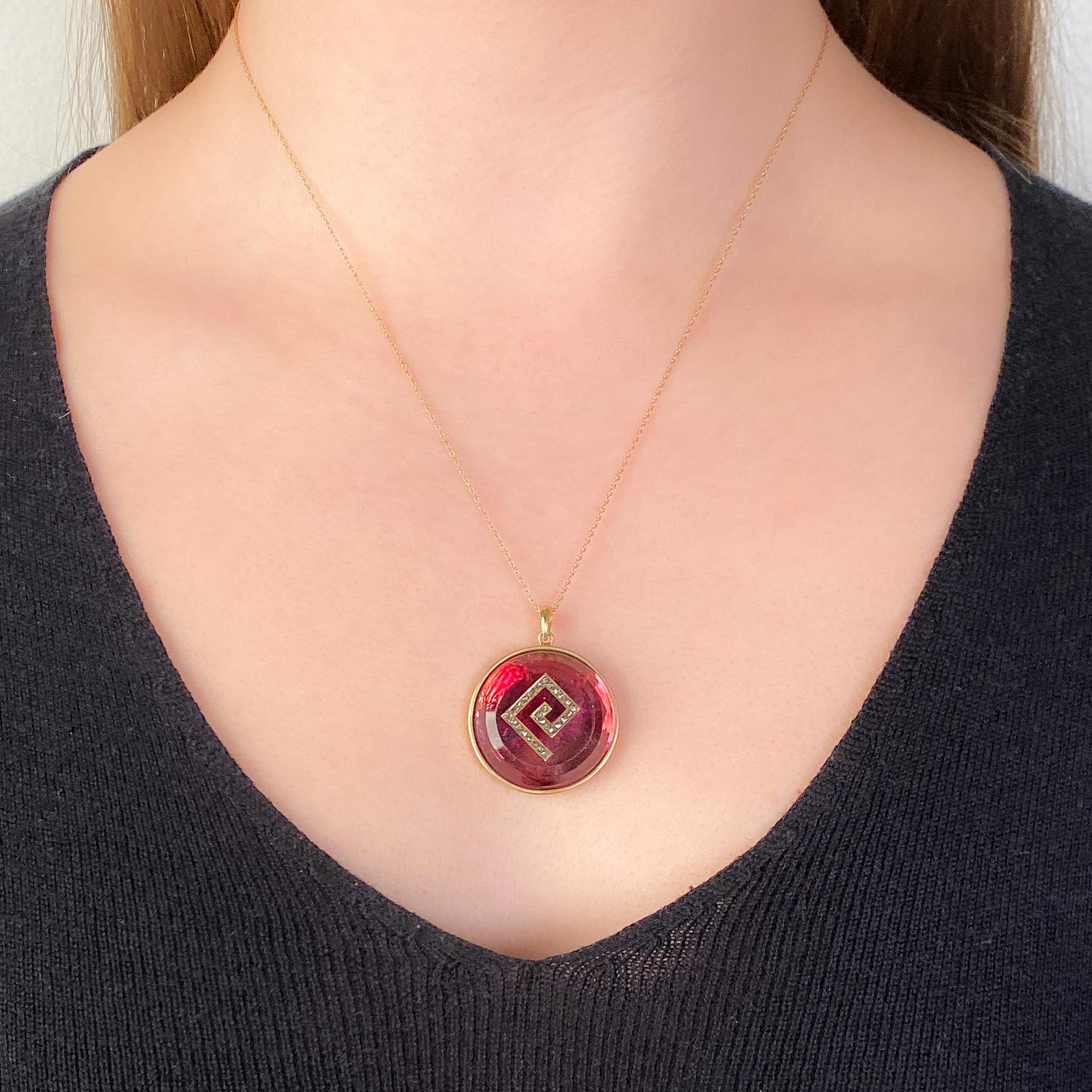 Rose Cut Antique Greek Key Pendant of 14k Gold For Sale