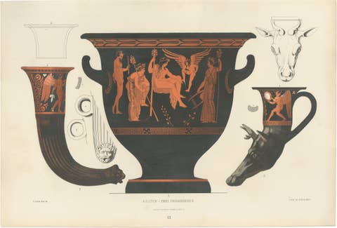 Antique Greek Krater & Rhyton Drinking Horns Color Lithograph, 1883