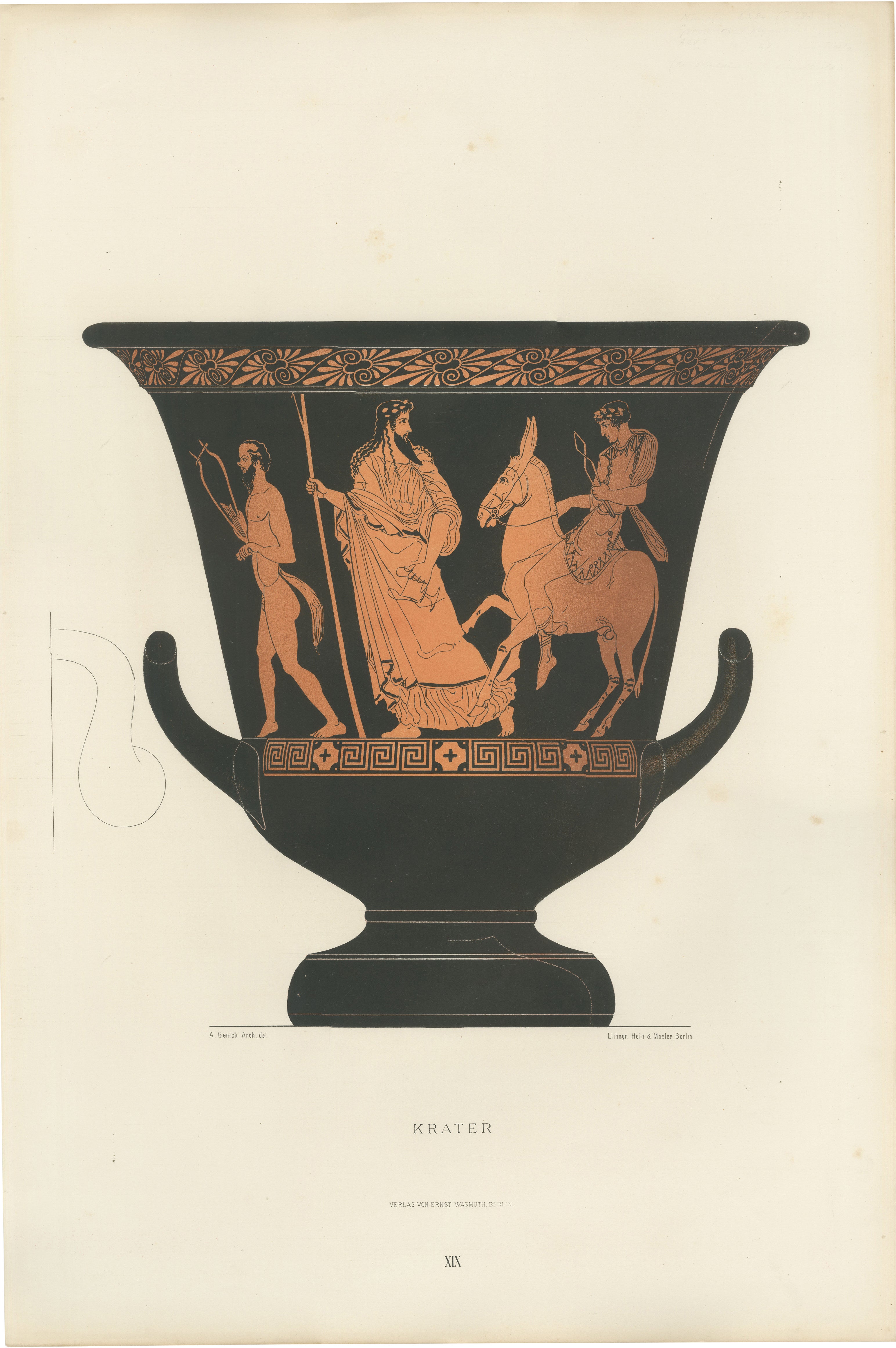 Antique Greek Krater with Classical Procession Color Lithograph, 1883