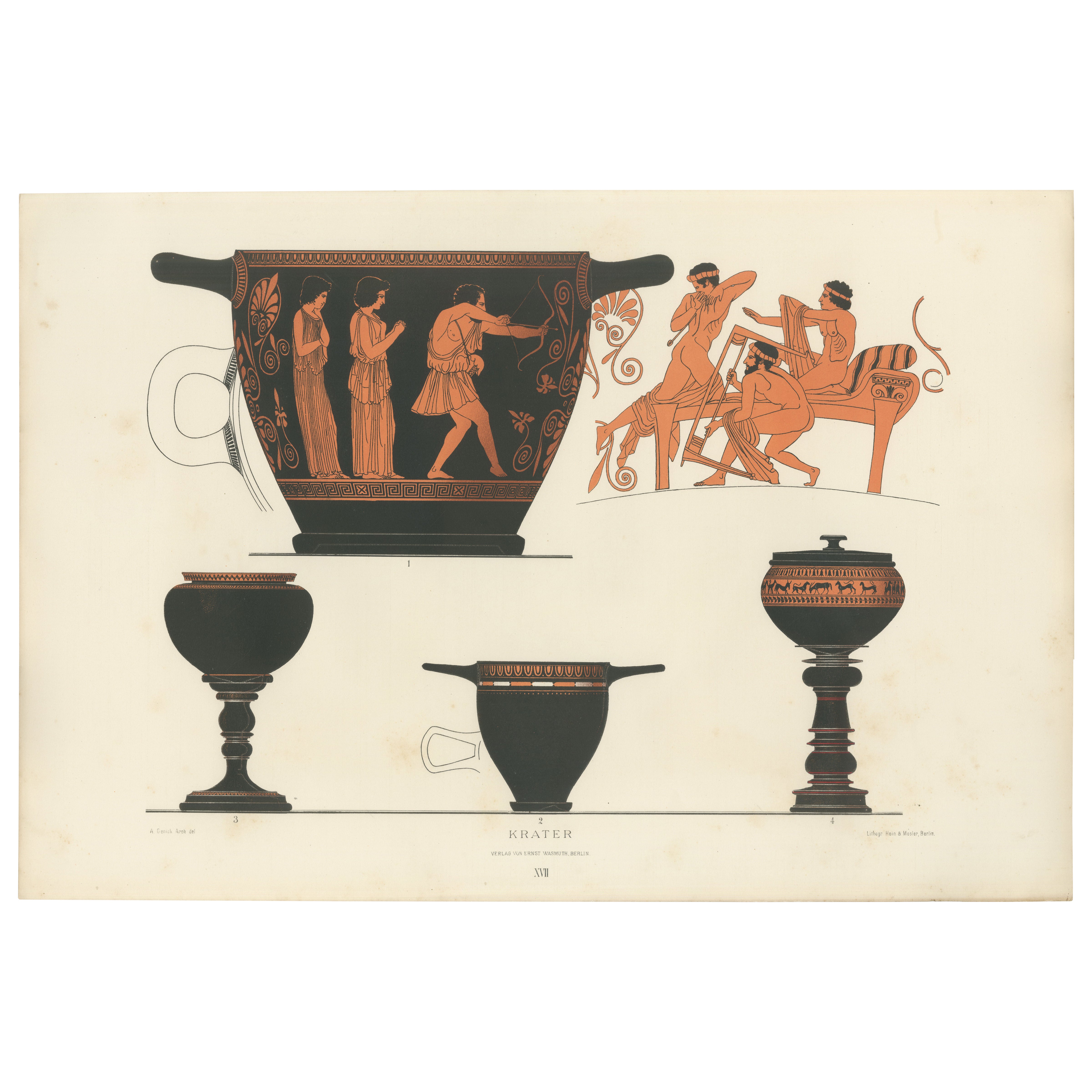 Antique Greek Kraters & Classical Figures Color Lithograph, 1883
