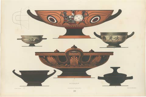 Antique Greek Kylix, Bowls & Warriors Color Lithograph, 1883