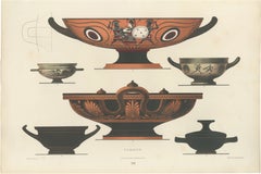 Antique Greek Kylix, Bowls & Warriors Color Lithograph, 1883