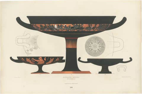 Antique Greek Kylix with Chariot & Warrior Procession Lithograph, 1883