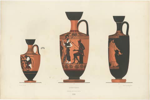 Antique Greek Lekythos with Classical Figures Color Lithograph, 1883