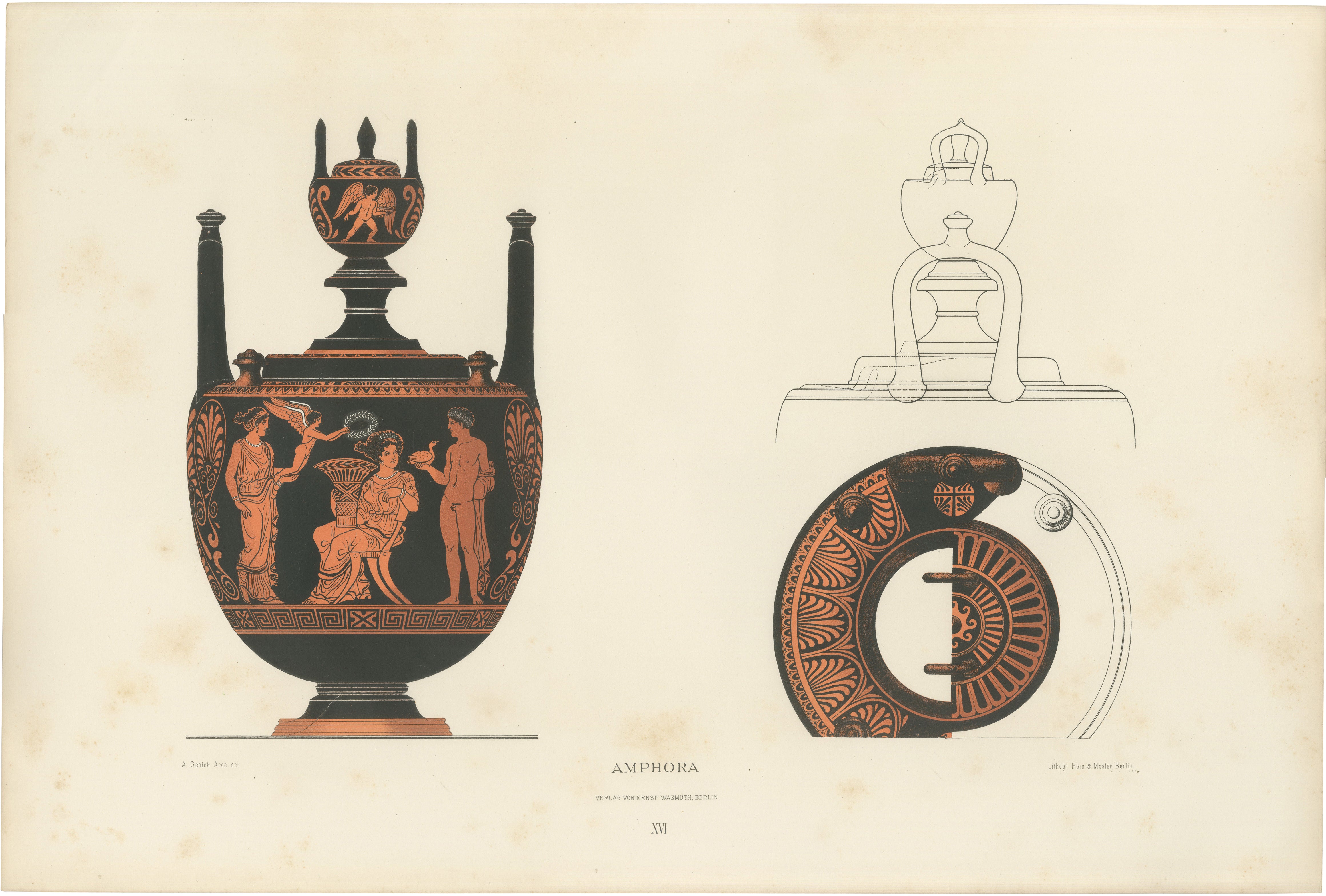 Antique Greek Lidded Amphora with Classical Figures Lithograph, 1883
