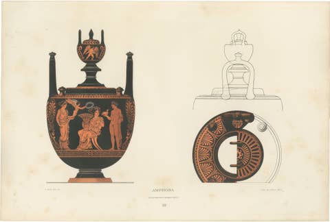 Antique Greek Lidded Amphora with Classical Figures Lithograph, 1883