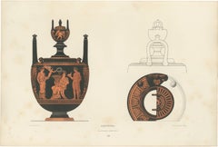 Lithographie représentant une amphore grecque antique à couvercle ornée de figures classiques, 1883