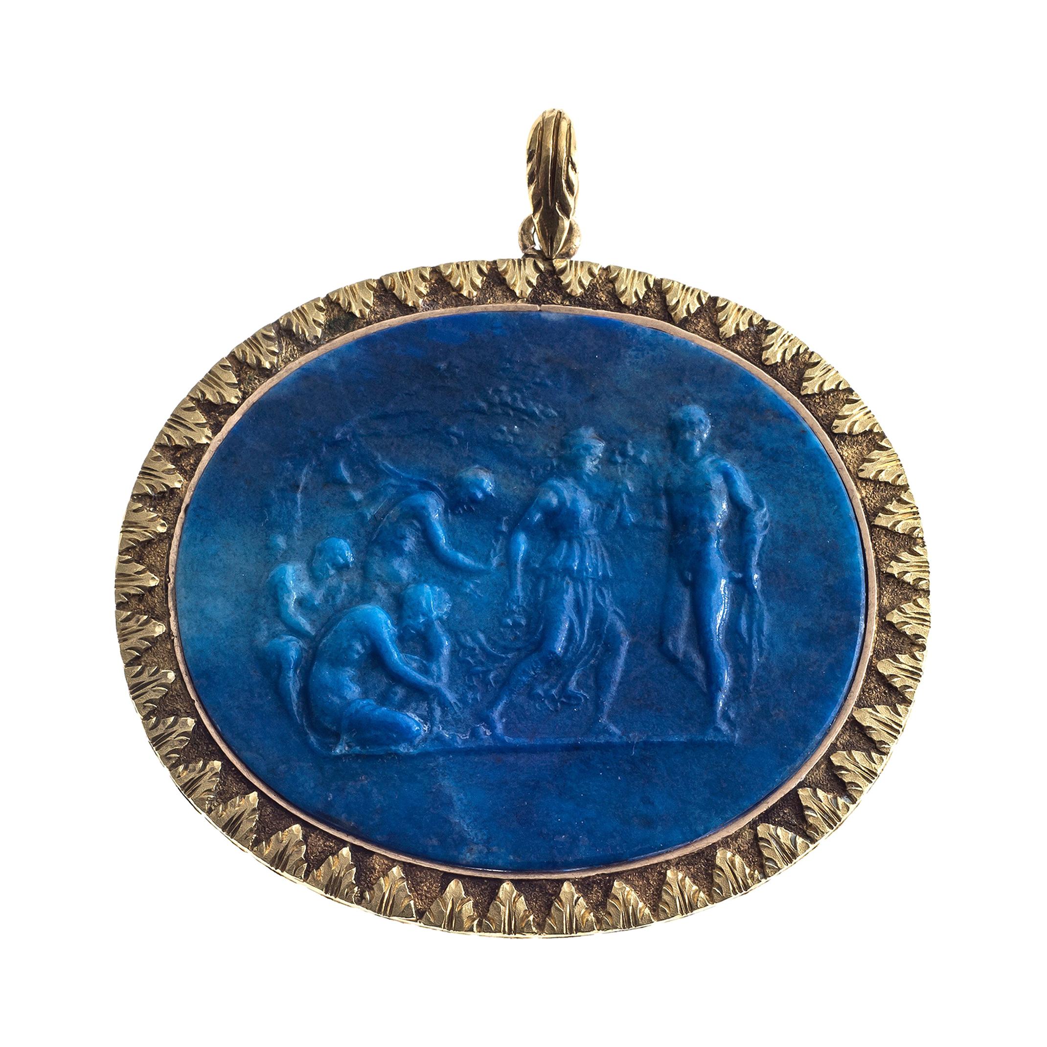 Antique Greek Mythology Cameo 18 K Gold Pendant Necklace Lapis Lazuli