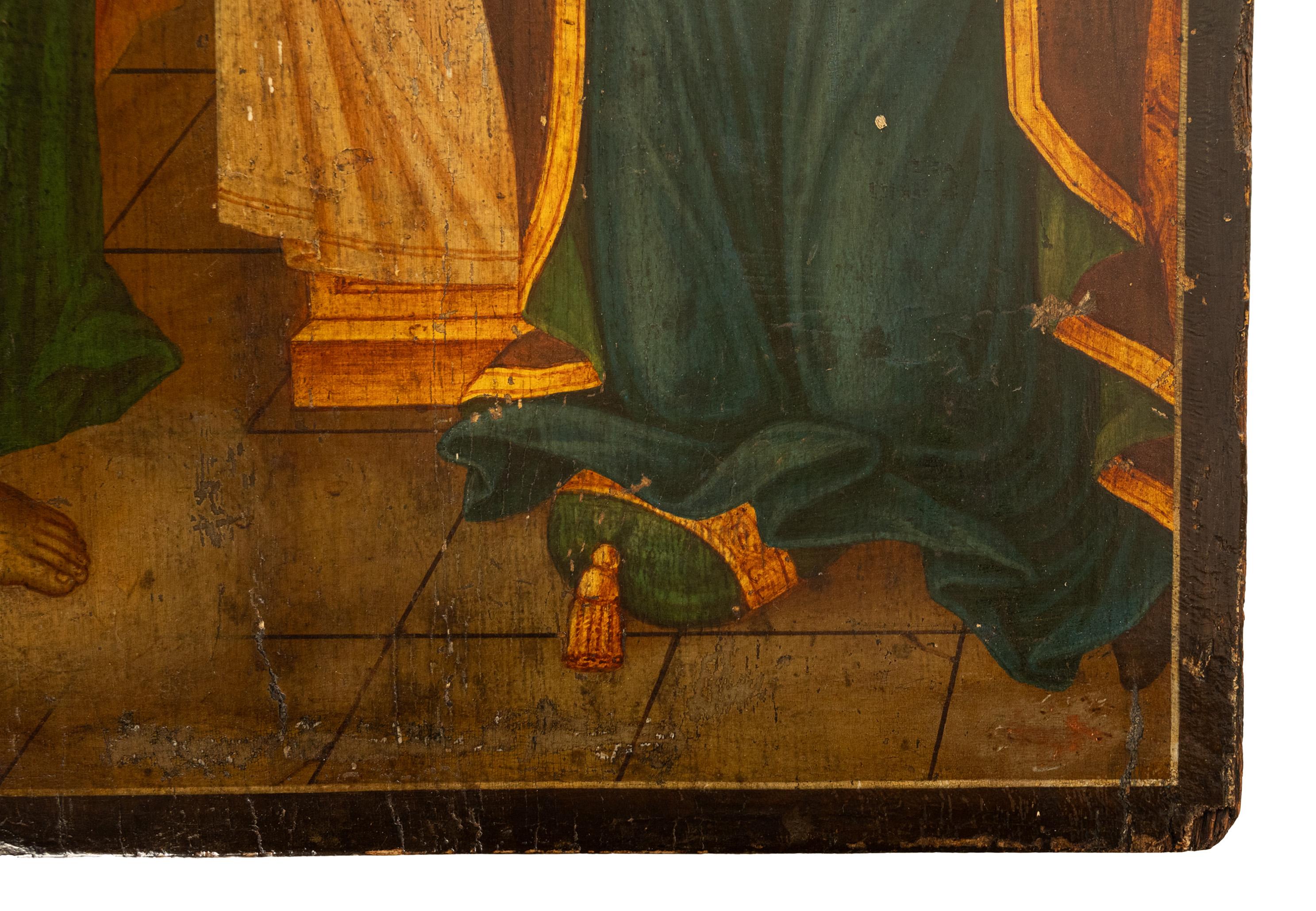 Antike griechische orthodoxe eiförmige Tempera-Ikone „Die Ankunft Maria“, vergoldet 1750  (Blattgold) im Angebot