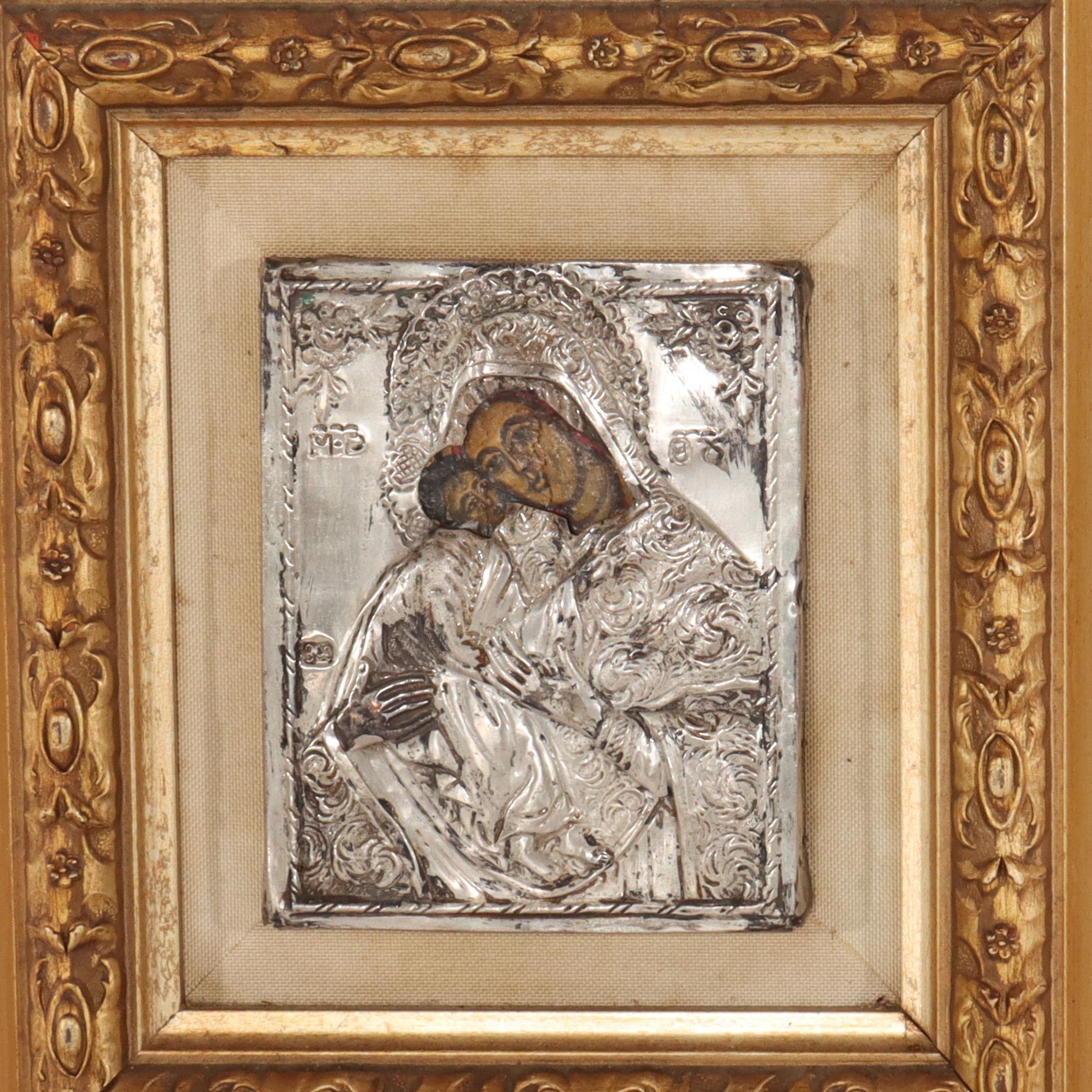 Icône grecque orthodoxe ancienne encadrée en argent avec Madone & Child 19ème siècle Bon état - En vente à Big Flats, NY
