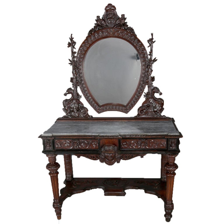 Antique Greek Revival Figural Carved Walnut Dressing Table With Mirror