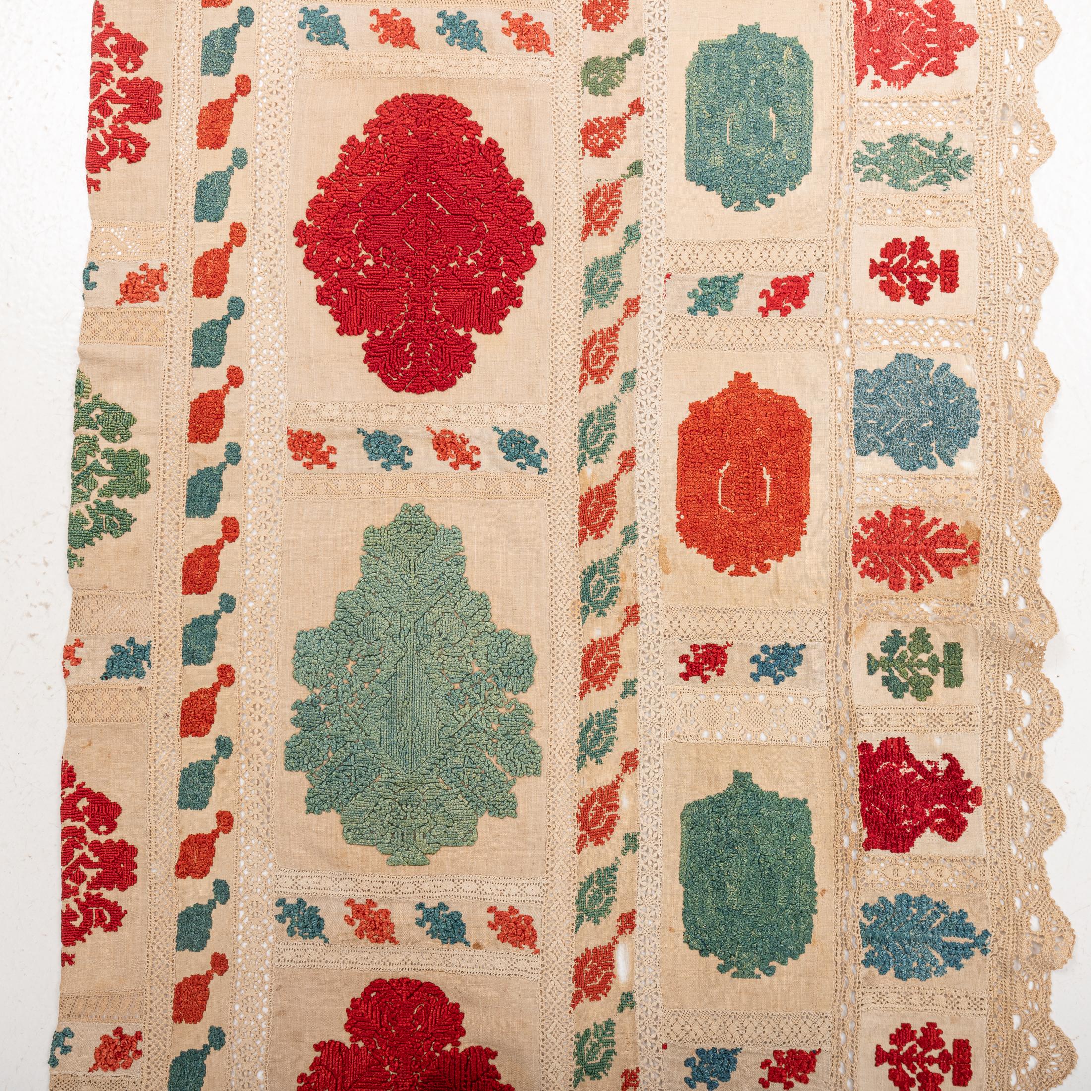 Silk Antique Greek Rhodes Bed Tent Embroidery, late 18th Early 19th Century. For Sale