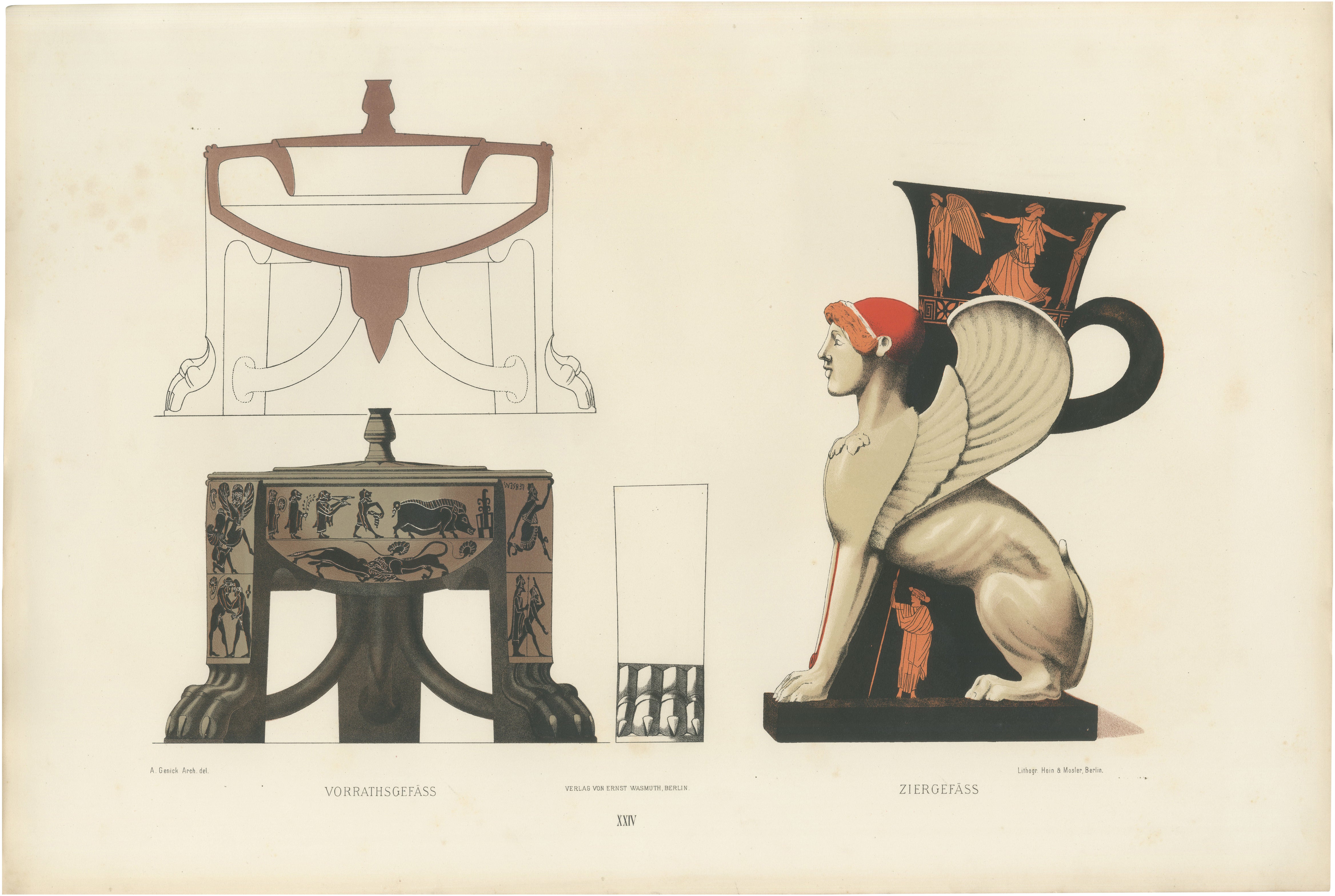 Antique Greek Sphinx & Ceremonial Vessels Color Lithograph, 1883