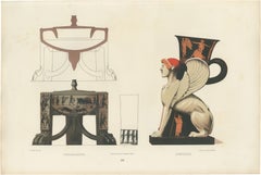 Antique Greek Sphinx & Ceremonial Vessels Color Lithograph, 1883