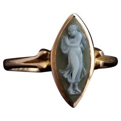 Antique Green Agate Cameo Navette Ring, 9 Karat Rose Gold
