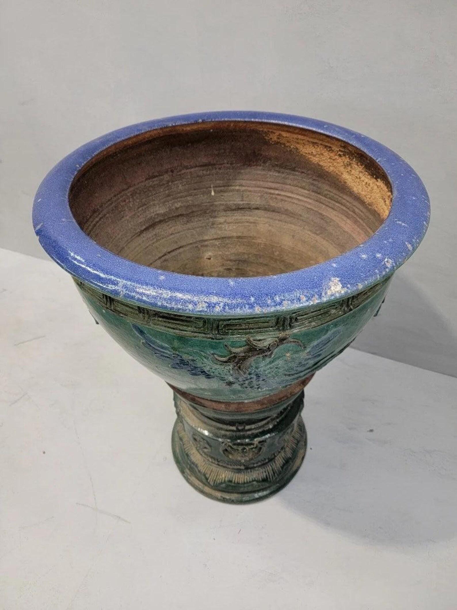 Chinoiserie Antique Green and Blue-Glazed Planter Pot from Guangdong Province with Stand