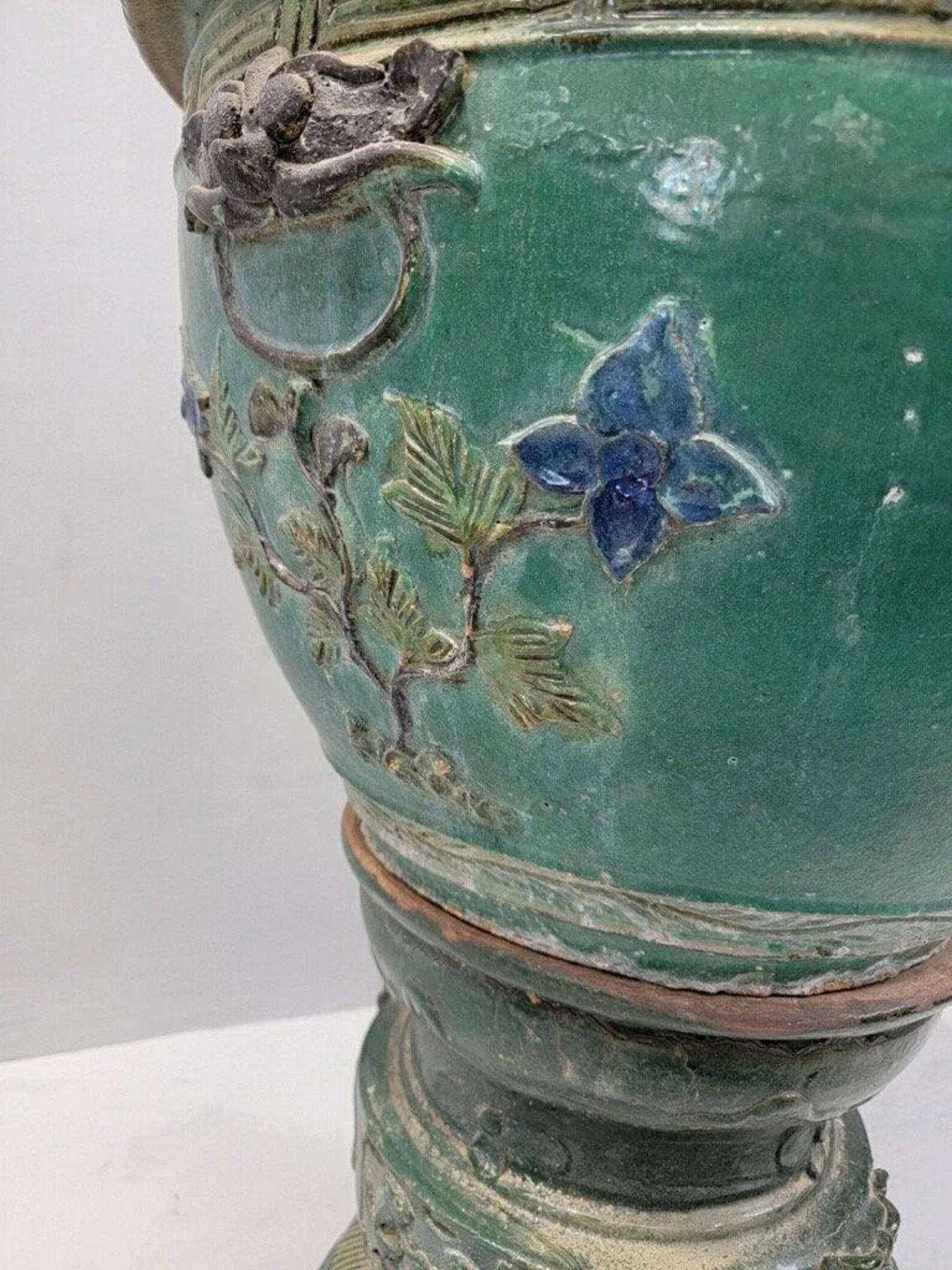 Chinese Antique Green and Blue-Glazed Planter Pot from Guangdong Province with Stand