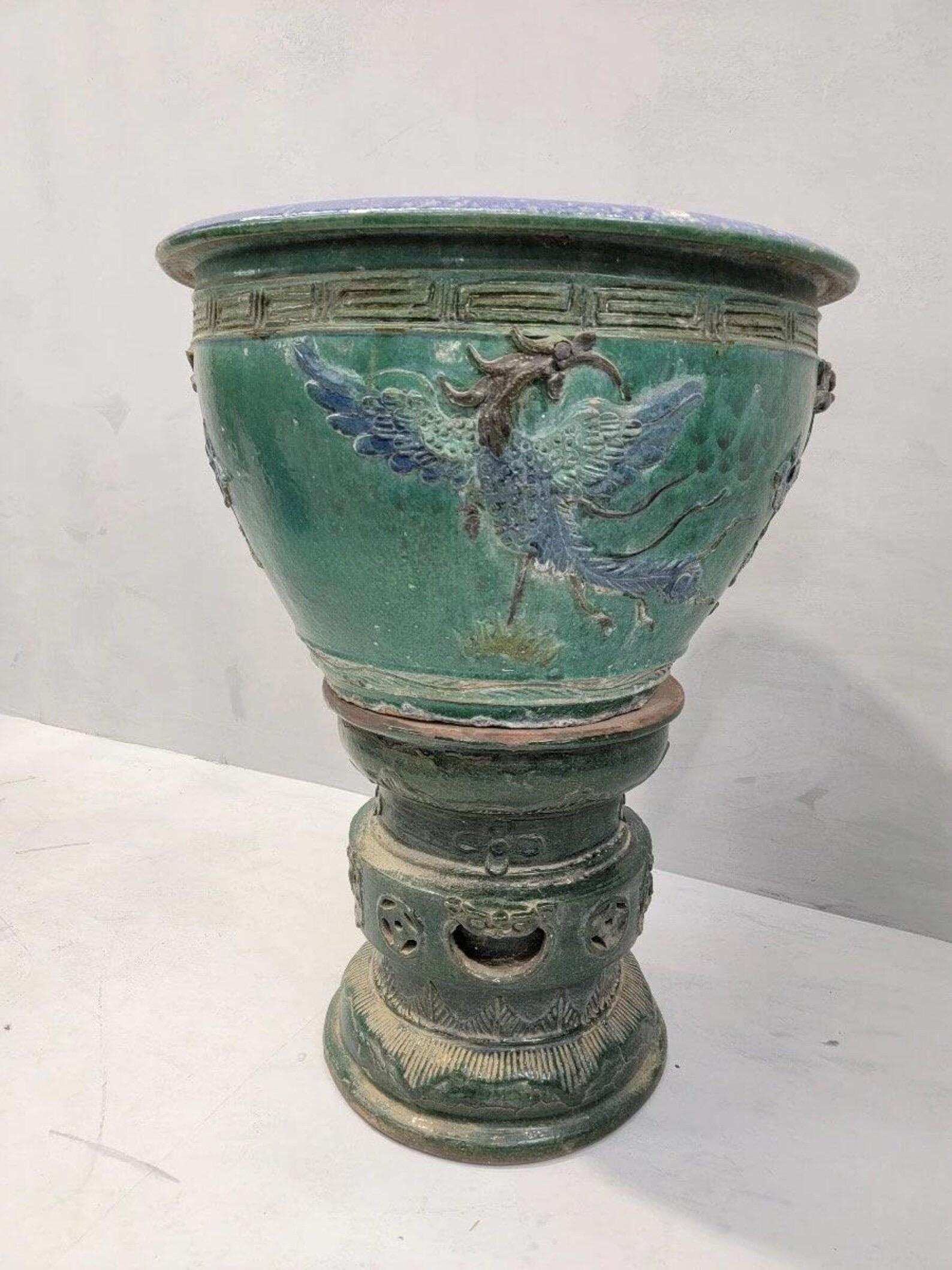 19th Century Antique Green and Blue-Glazed Planter Pot from Guangdong Province with Stand