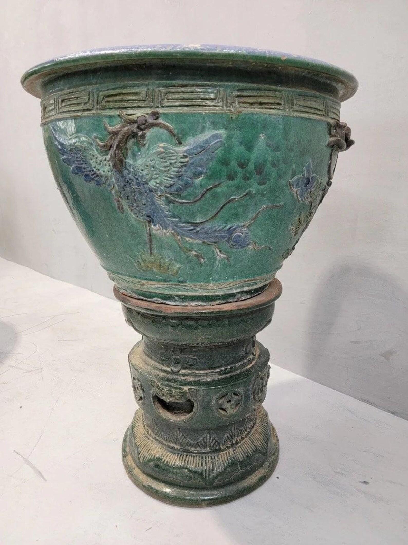 Ceramic Antique Green and Blue-Glazed Planter Pot from Guangdong Province with Stand