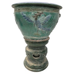 Antique Green and Blue-Glazed Planter Pot from Guangdong Province with Stand