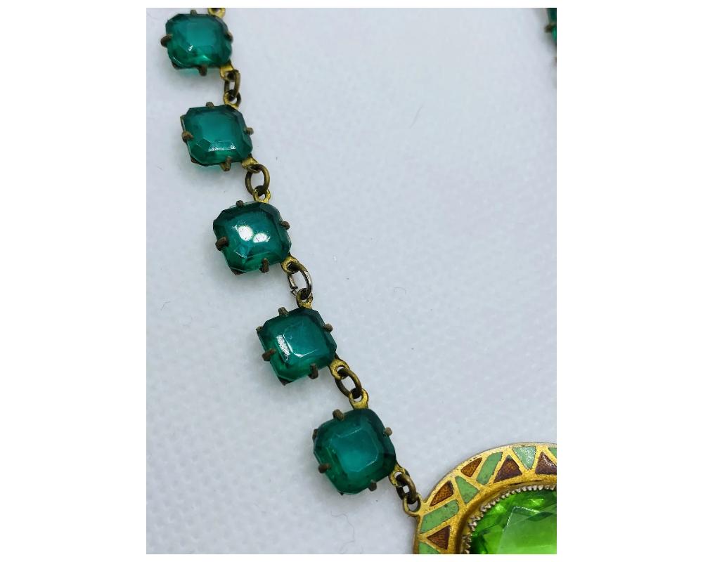 Antique Green and Brown Enamel Green Glass Necklace For Sale 5