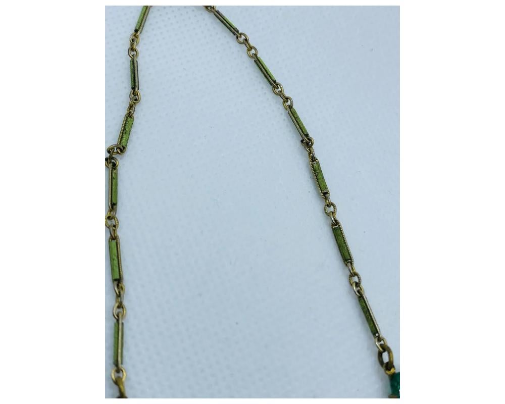 Antique Green and Brown Enamel Green Glass Necklace In Good Condition For Sale In New York, NY