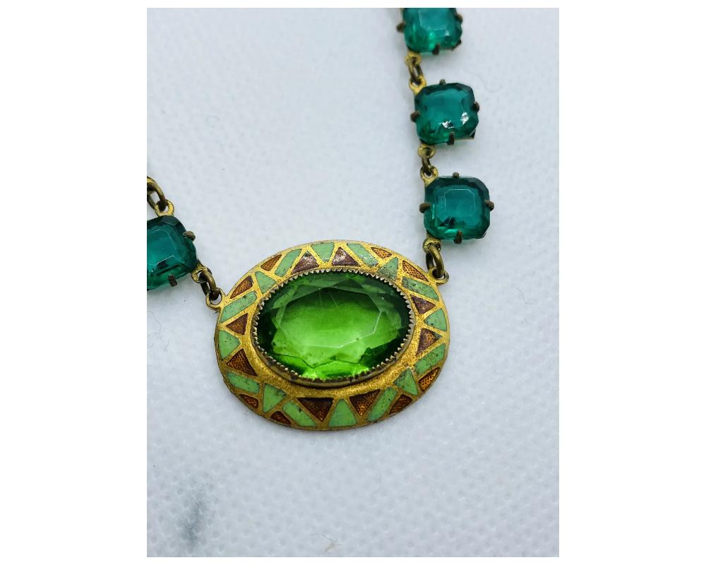 Antique Green and Brown Enamel Green Glass Necklace For Sale 2