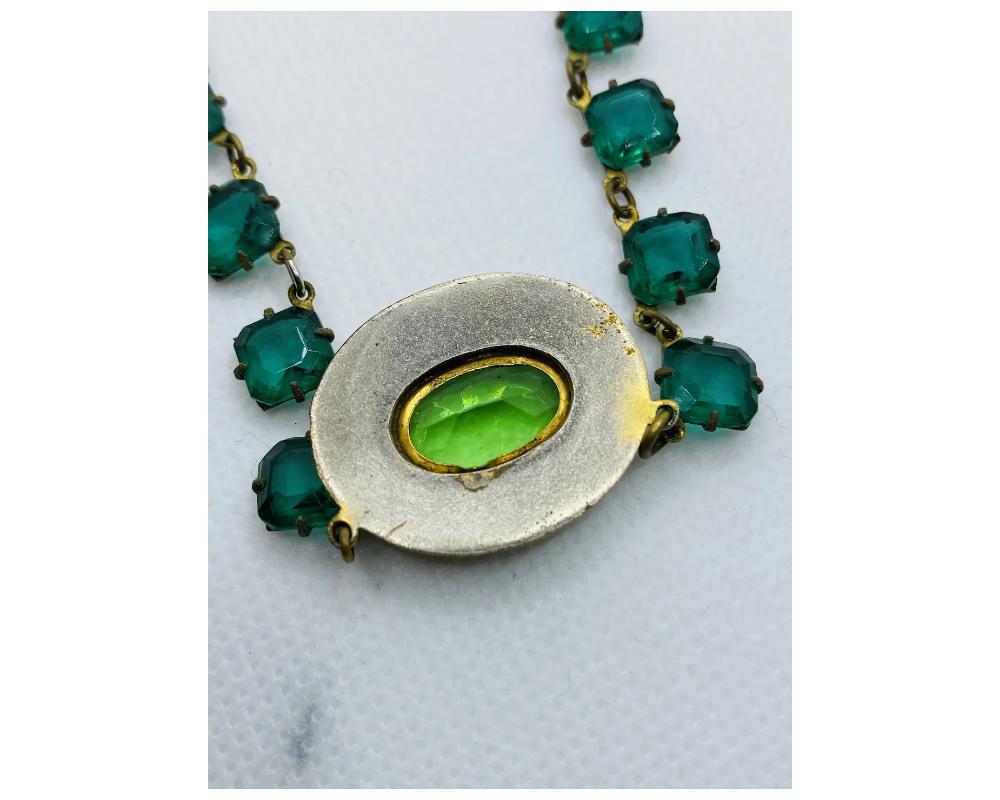 Antique Green and Brown Enamel Green Glass Necklace For Sale 4