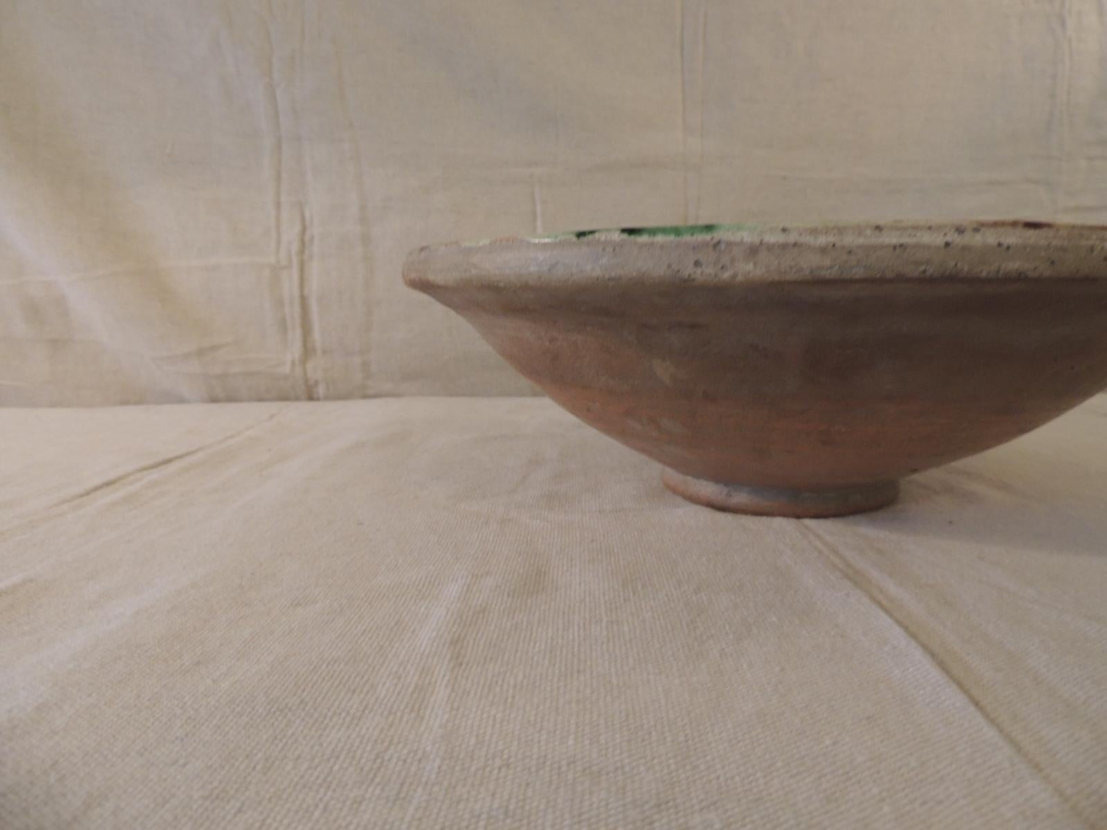 Country Antique Green and Brown Glazed Terracotta Bowl